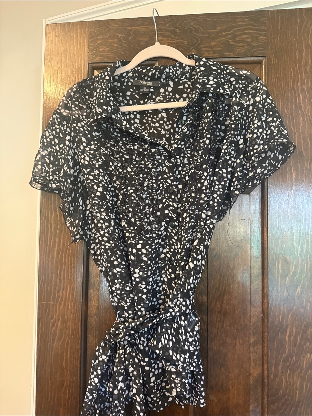 Style & Co. Black and White Printed Short Sleeve Blouse